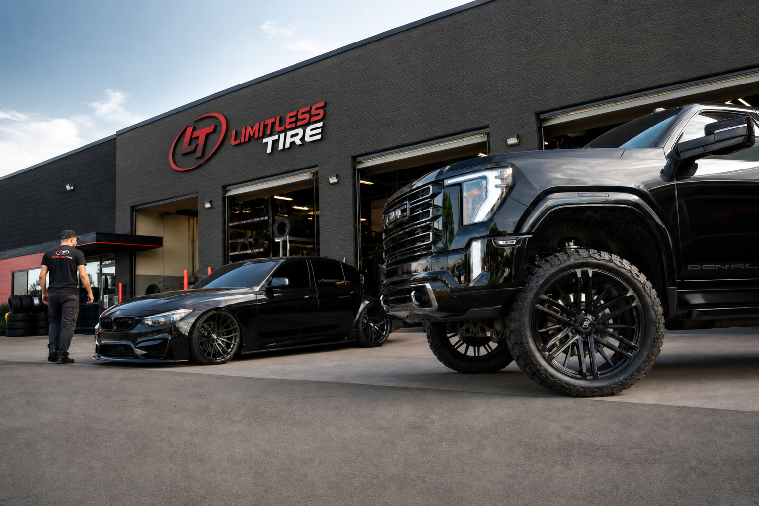 Lifted truck with aftermarket wheels and all-terrain tires next to a lowered sports car with dark window tint at a Limitless Tire shop